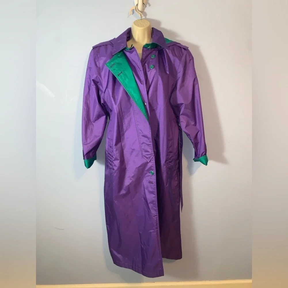 J. Gallery Purple and Teal long double breasted trench coat vintage 80’s size 12